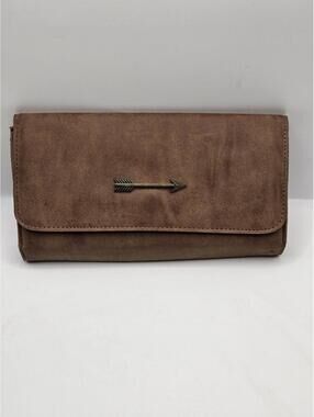 Vintage Boho Distressed Brown Faux Leather Arrow Clutch Wallet Trio-Fold
